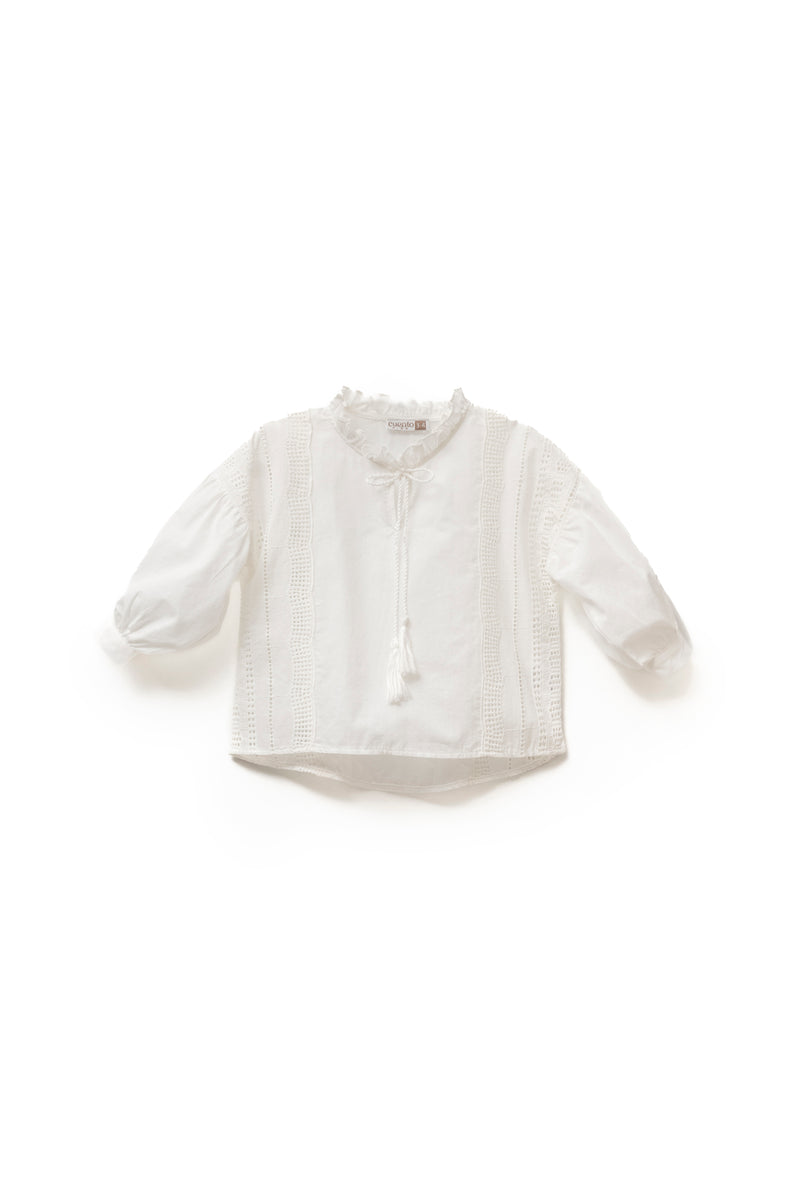 Eyelet Embroidered Blouse with Tassel Tie