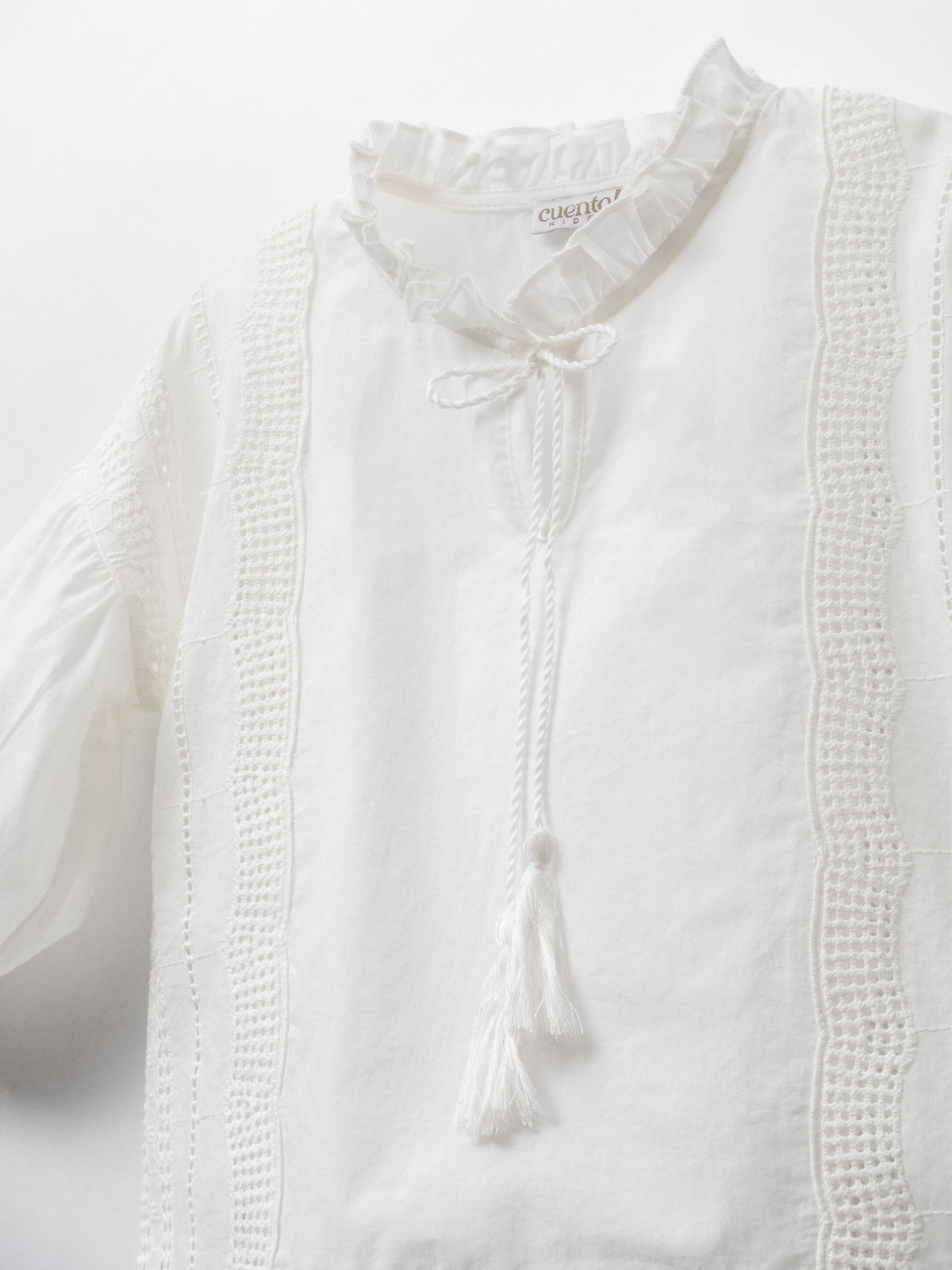 Eyelet Embroidered Blouse with Tassel Tie