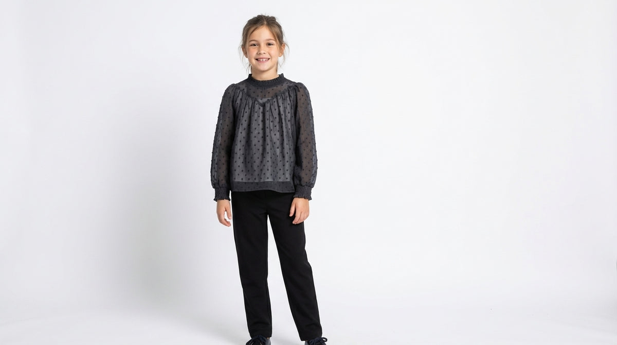 Semi-Sheer Swiss Dot Blouse with Cotton Camisole Set